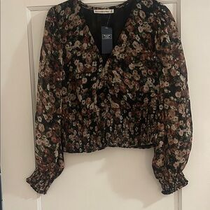 Abercrombie & Fitch Black Floral Wrap Peplum Top with Puff Sleeves